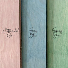 Load image into Gallery viewer, Pictured are three pieces of wood, each stained a different pastel color, with script labels identifying each color. Board on the left is a pale creamy pink called &quot;Whitewashed Rose&quot;. In the center is a pale &quot;Sky Blue&quot;, and on the right is &quot;Spring green&quot;, which is a creamy pastel green. 
